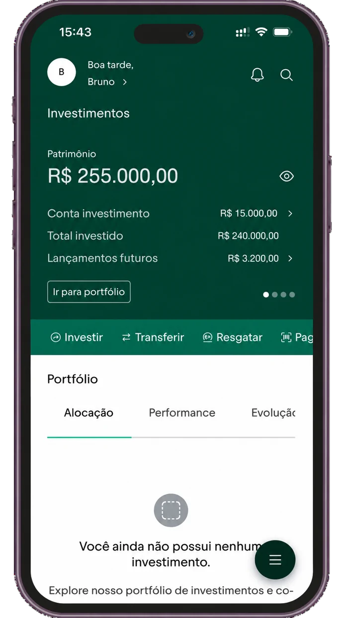 App River mostrando o patrimônio e a performance da carteira